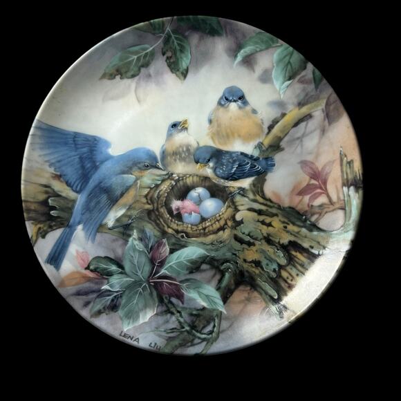 Pair of Lenia Liu Porcelain Plates Tender Lullaby Song of Promise Baby Birds - Picture 2 of 13